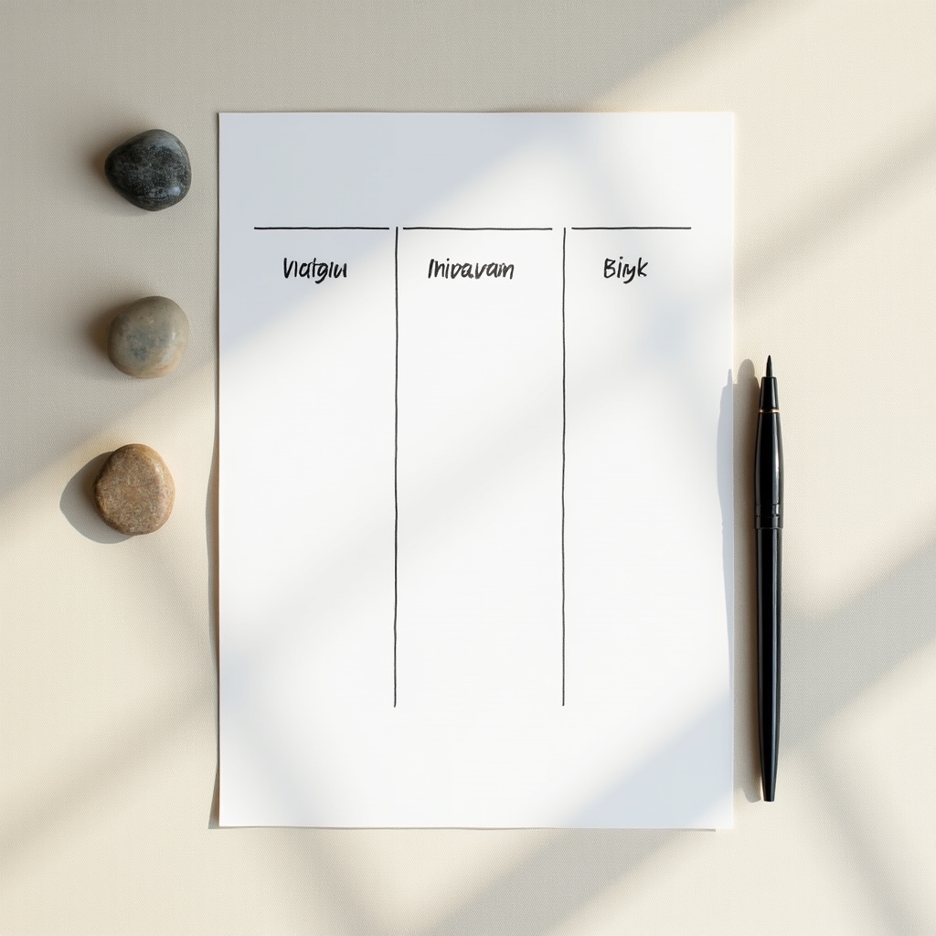 Trzy proste kolumny na kartce papieru symbolizujące metodę trzech kategorii budżetu